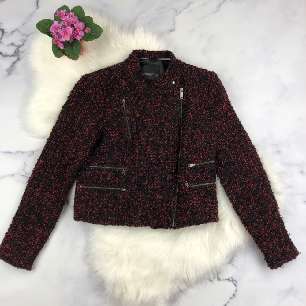 Banana Republic red and black boucle moto jacket